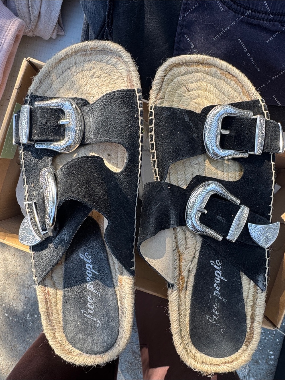 Free People Black Suede Double-Buckle Espadrille Slide Sandals
